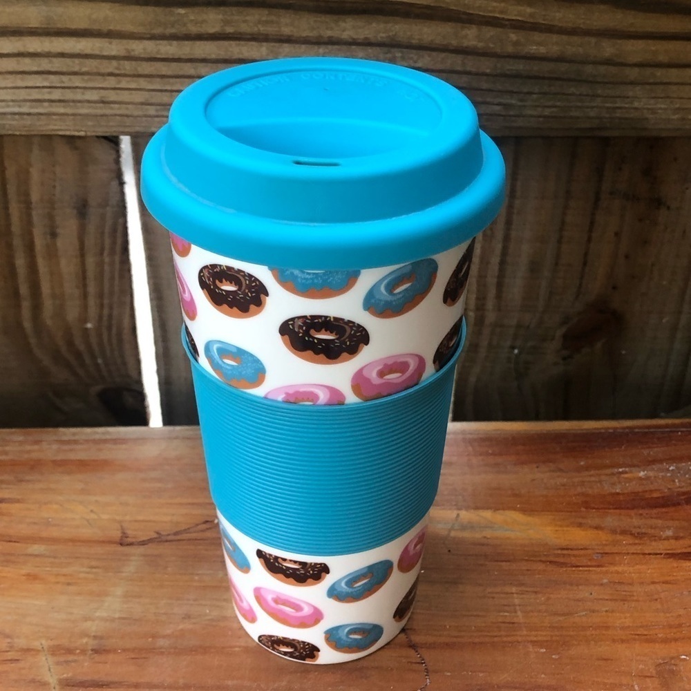 Ceramic Insulated Travel Tumbler Glazed Donuts Pattern Blue Silicone Lid & Band